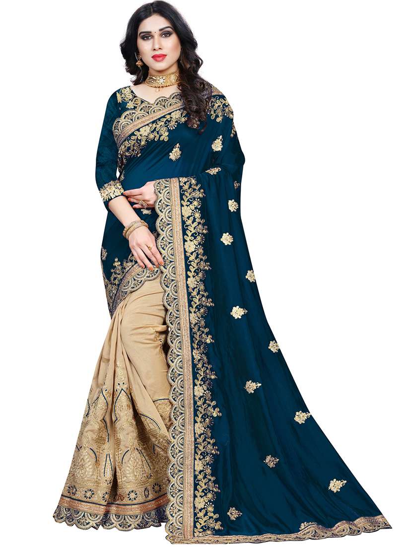 women's self design navy blue colored saree with blouse