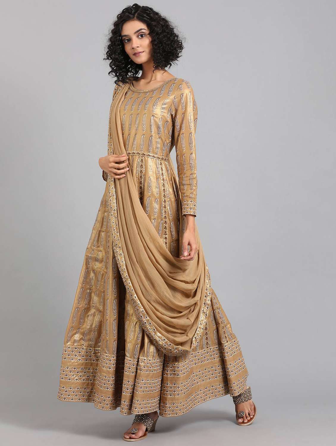gold paisley flared gown