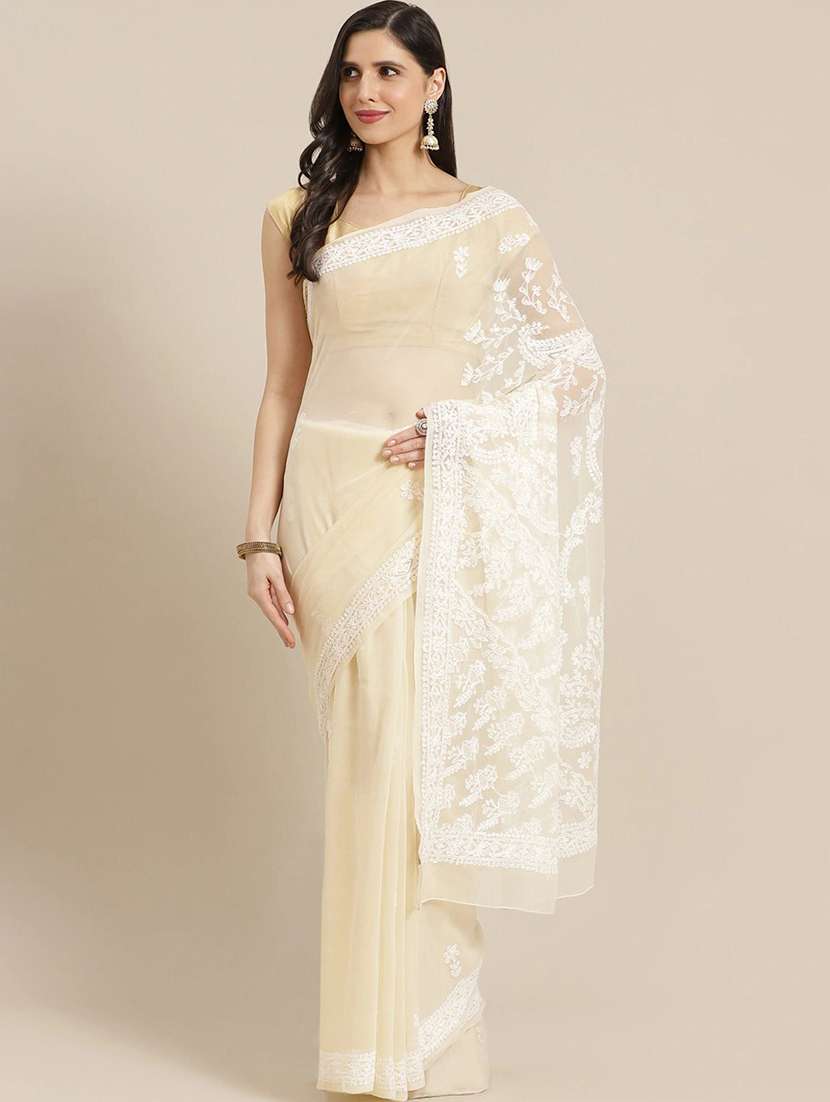 ada hand-embroidered beige chikankari saree with blouse