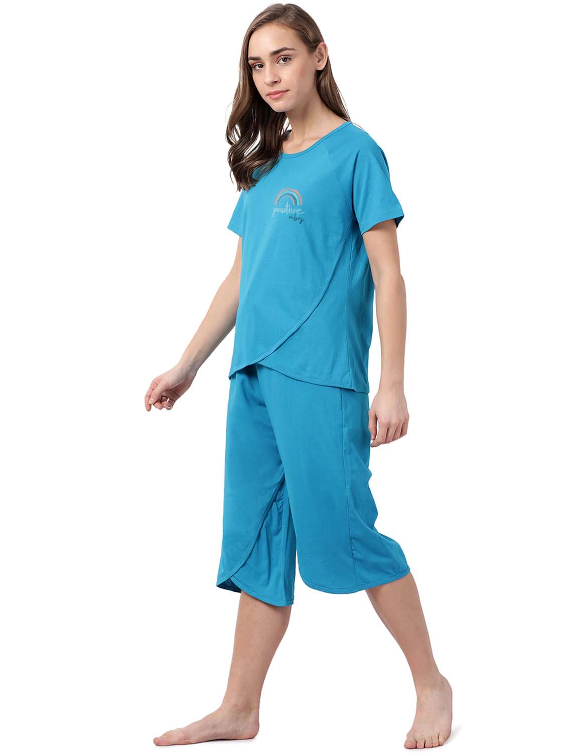 blue solid printed nightwear capri set - 17927891 - Standard Image - 1