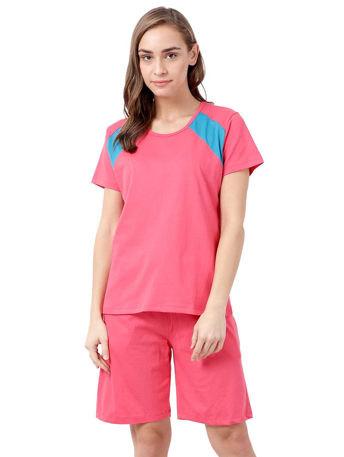 pink solid nightwear shorts set 
