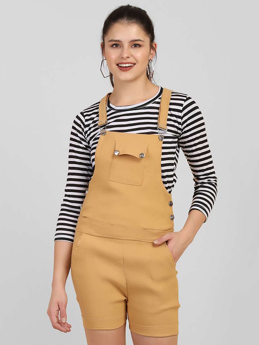 beige solid dungaree with striped tee 