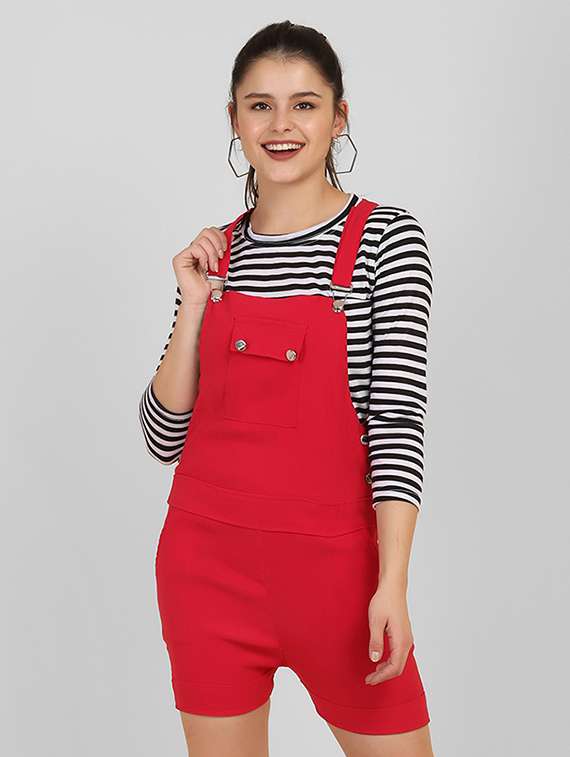 beige solid dungaree with striped tee 