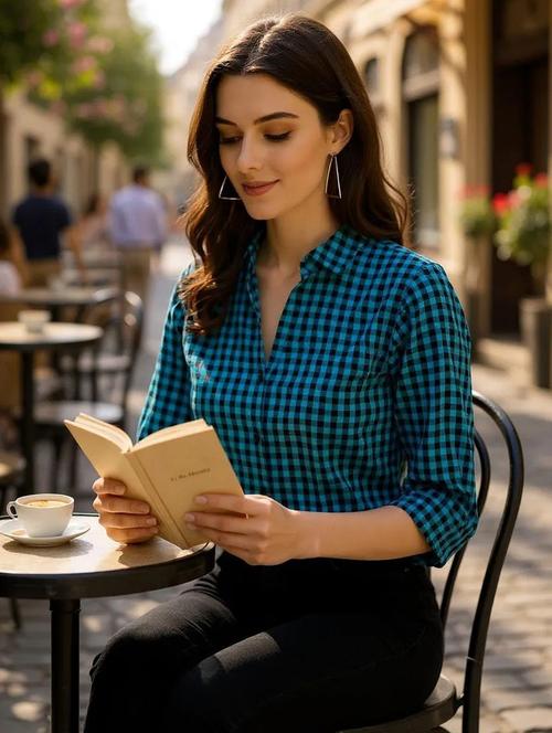 mandarin neck checkered shirt top - 17928805 - Standard Image - 0