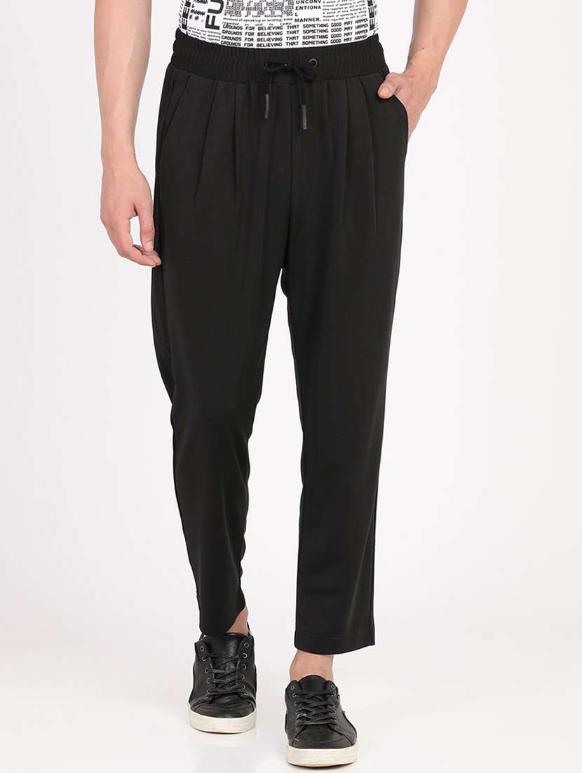 black solid pleated casual trouser