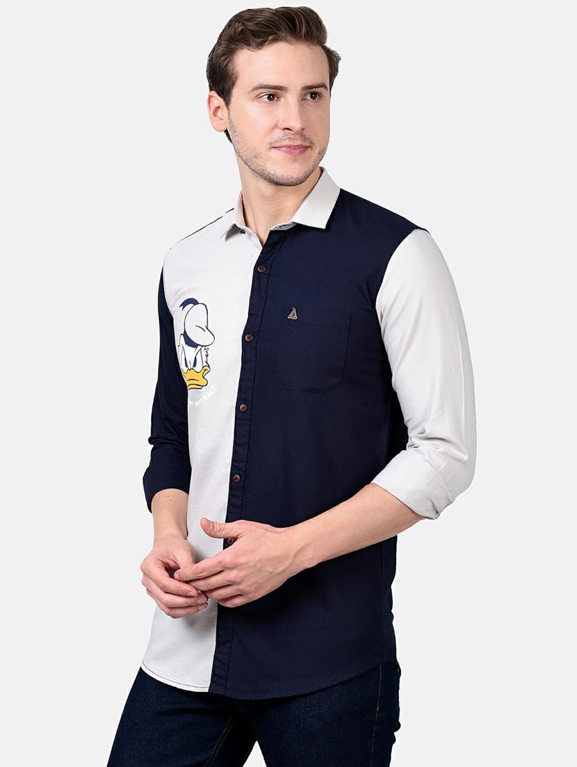 navy blue color block casual shirt - 17930538 -  Standard Image - 1