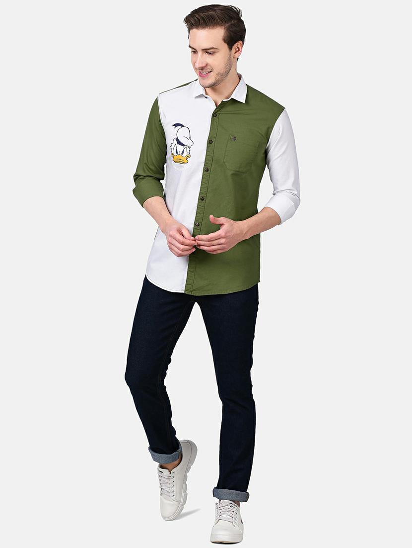 olive green color block casual shirt - 17930542 - Standard Image - 4