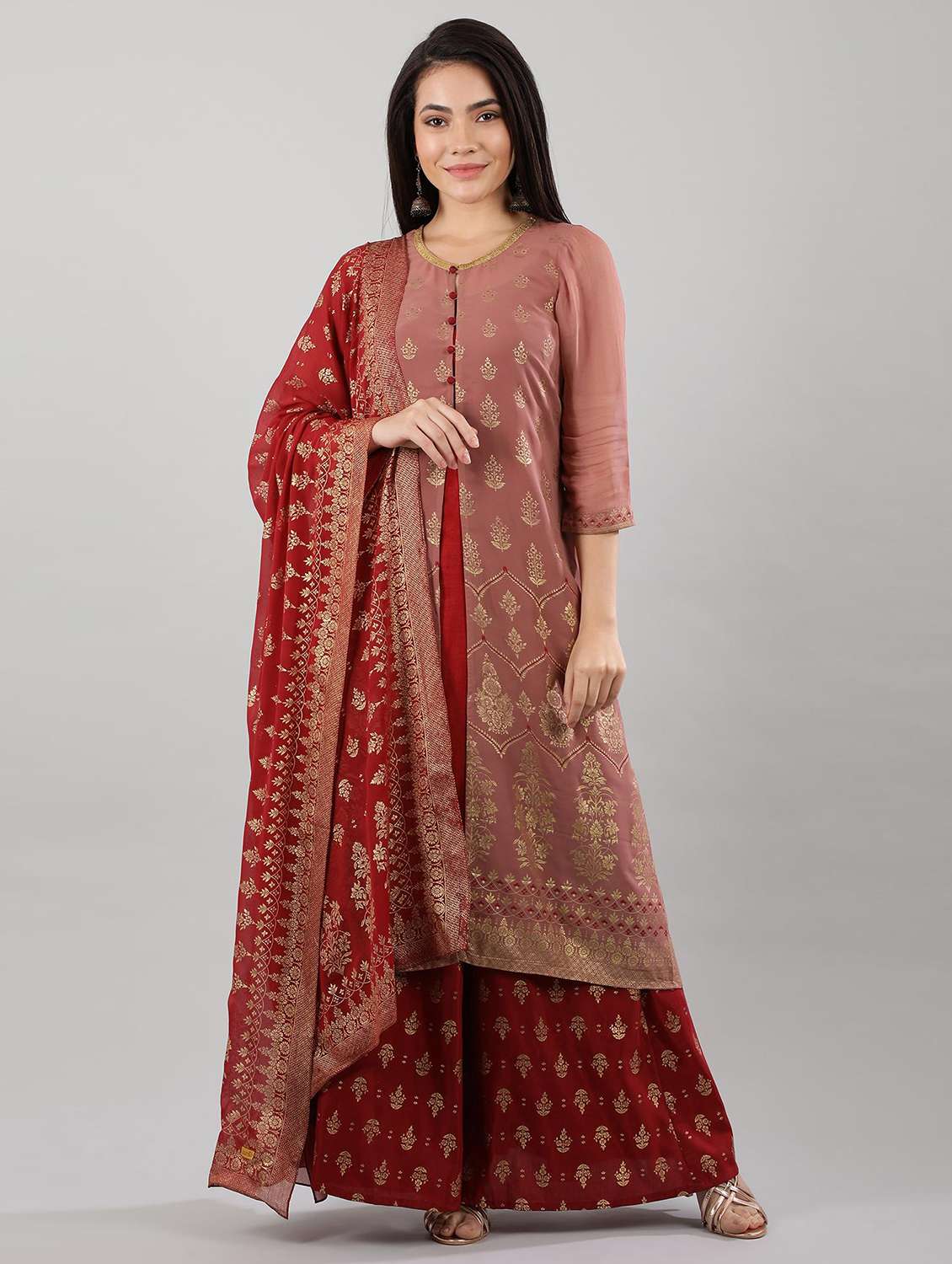 gold print a-line kurta palazzo with dupatta
