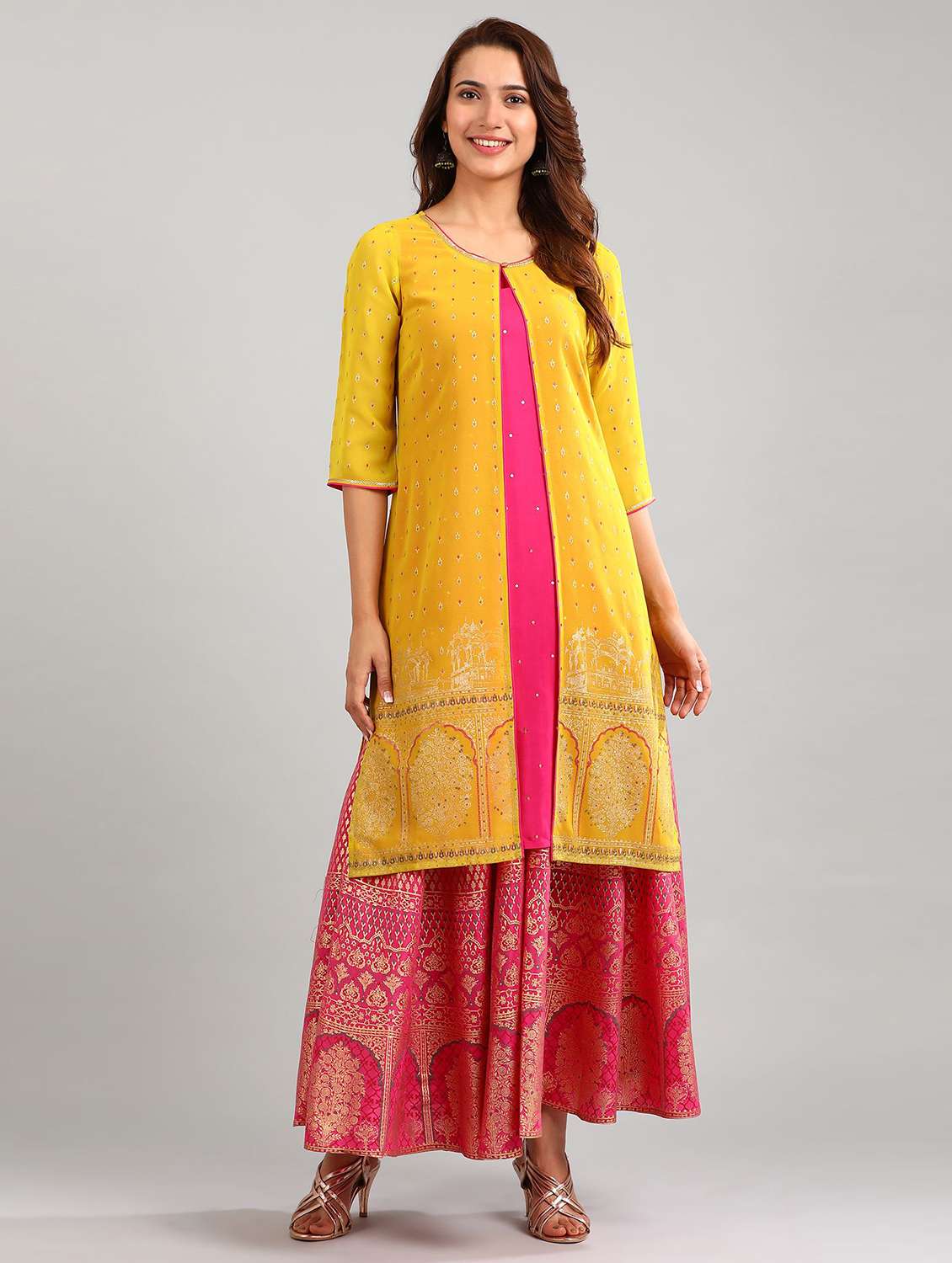 gold print layered kurta