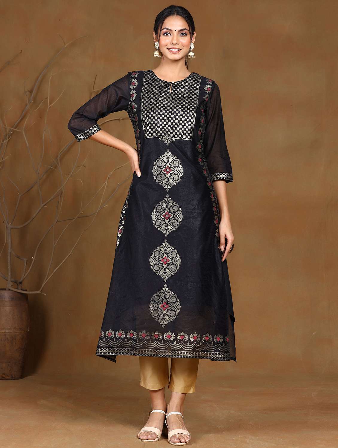 navy chanderi straight kurta