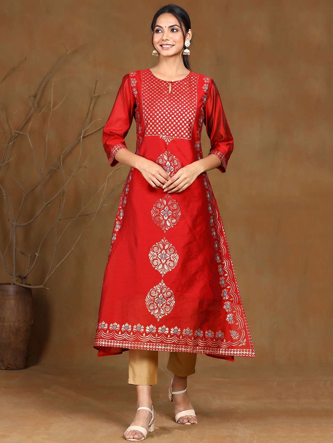 maroon chanderi a-line kurta