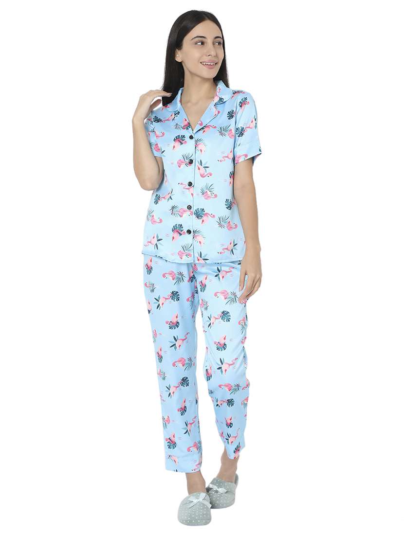 shirt collar printed nightwear pajama set