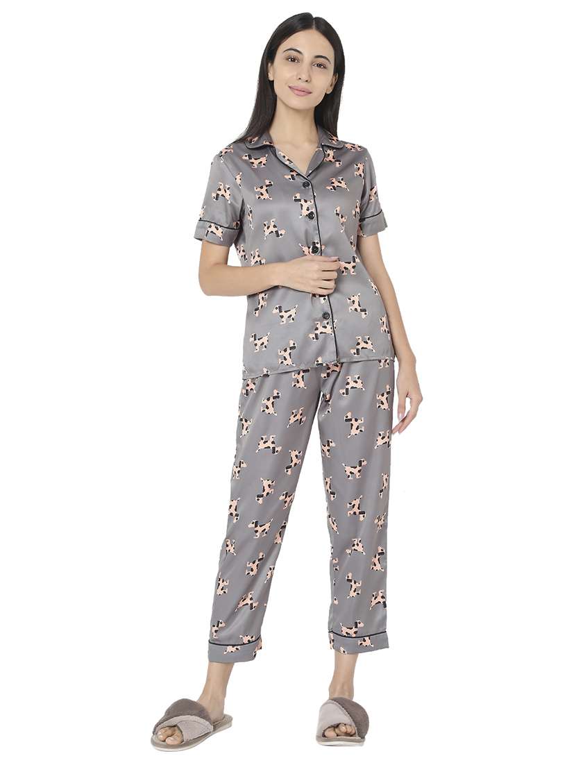 shirt collar printed nightwear pajama set