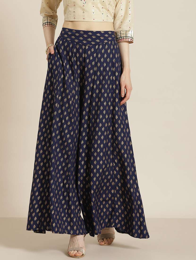 Women Mid Rise Foil Printed Flared Palazzo