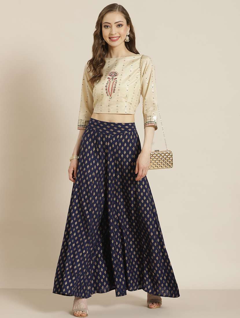 Women Mid Rise Foil Printed Flared Palazzo