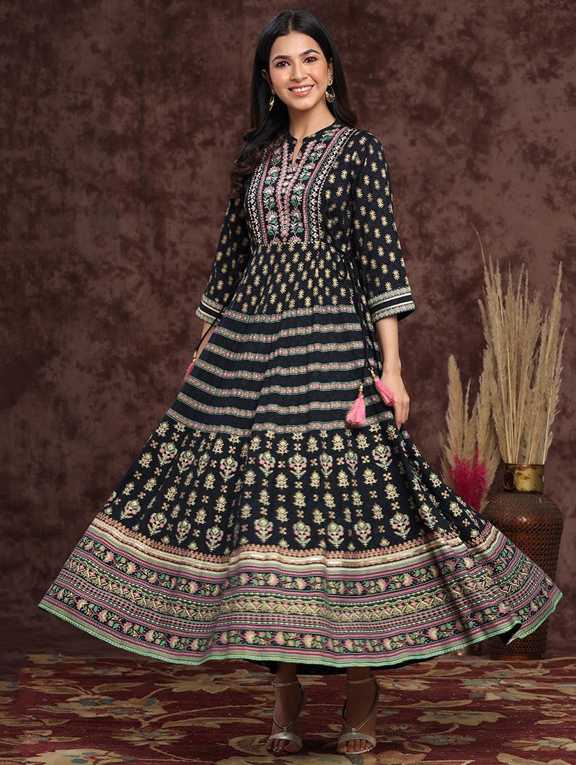 dark blue printed flared ethnic dress - 17948327 -  Standard Image - 1