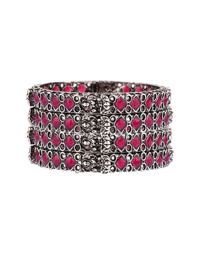 pink oxidized  cubic zirconia crystal bangle set (set of 4)