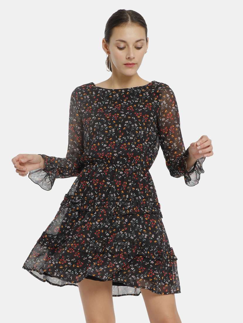 round neck floral fit & flare dress