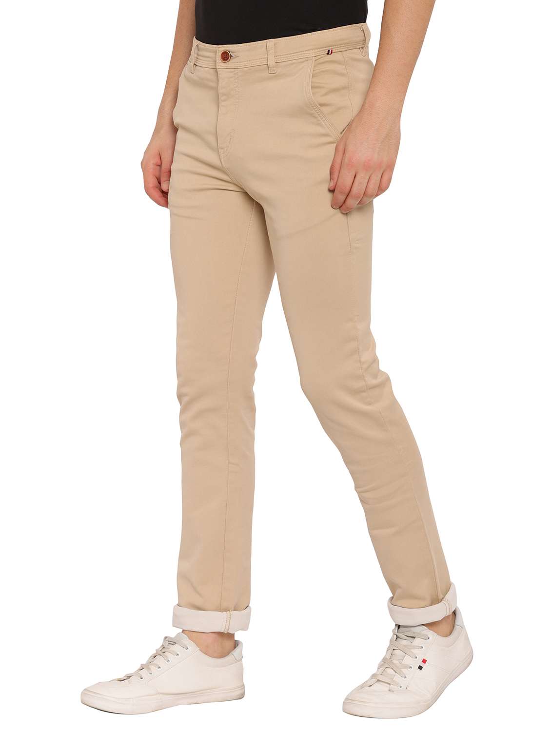 beige cotton flat front casual trousers - 17954304 - Standard Image - 1