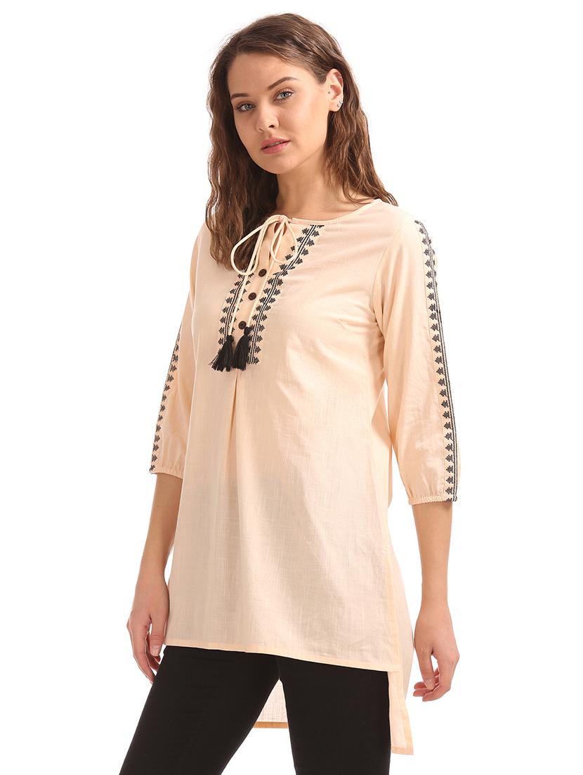 tie up neck embroidered detail tunic - 17954470 - Standard Image - 1