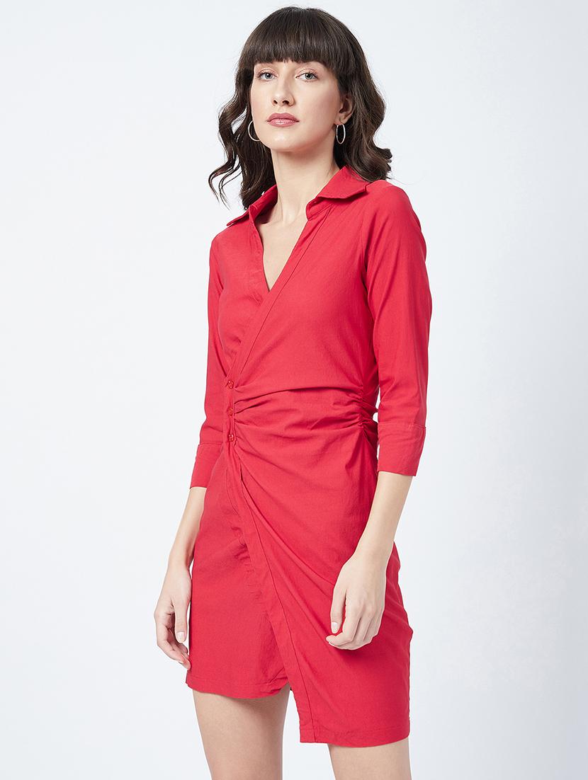 overlap neck solid bodycon dress - 17956258 - Standard Image - 1