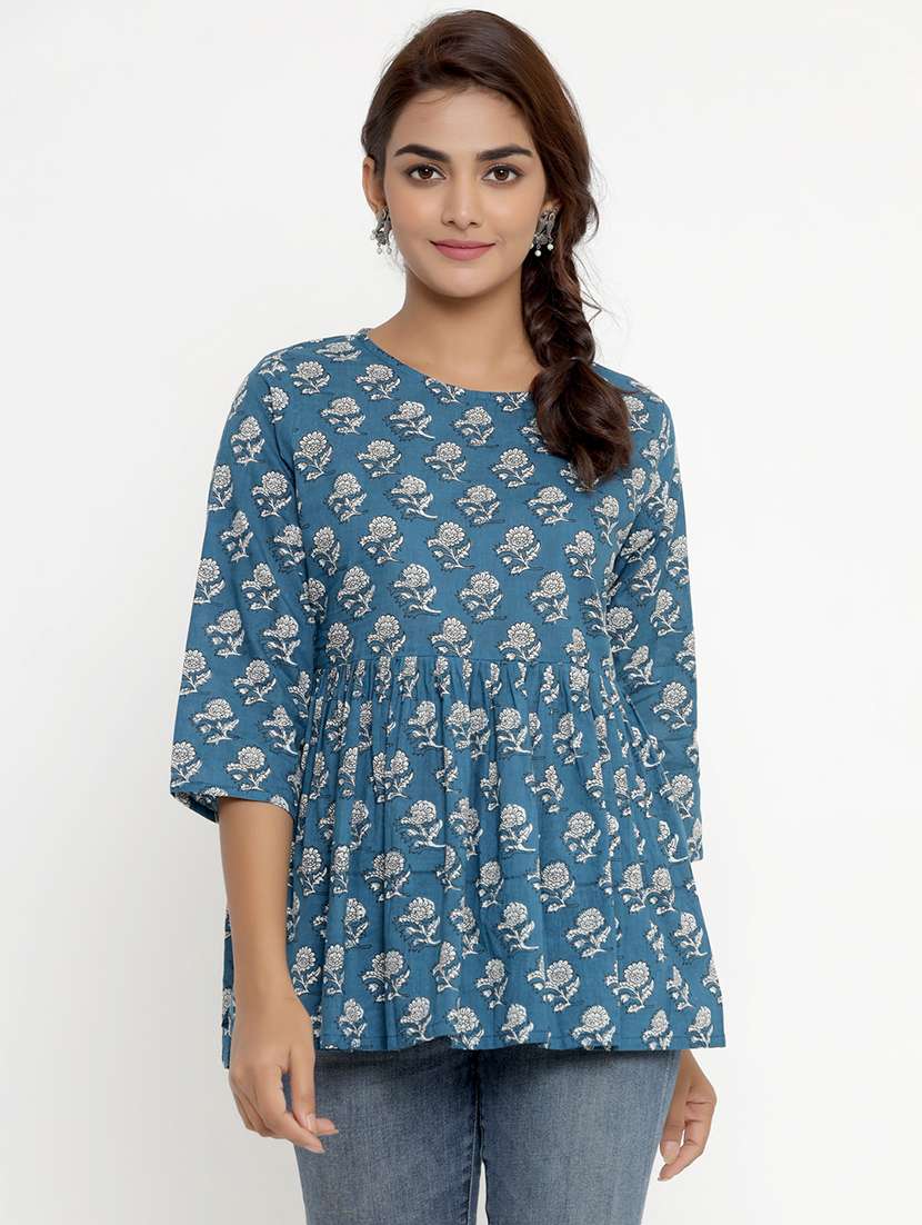 blue round neck printed tunic