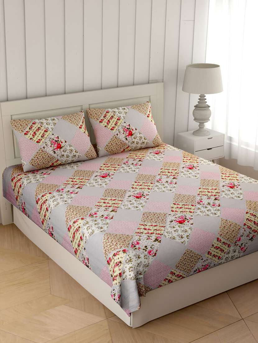 jaipurfabric bedsheet ethnic precision pink grey double bedsheet