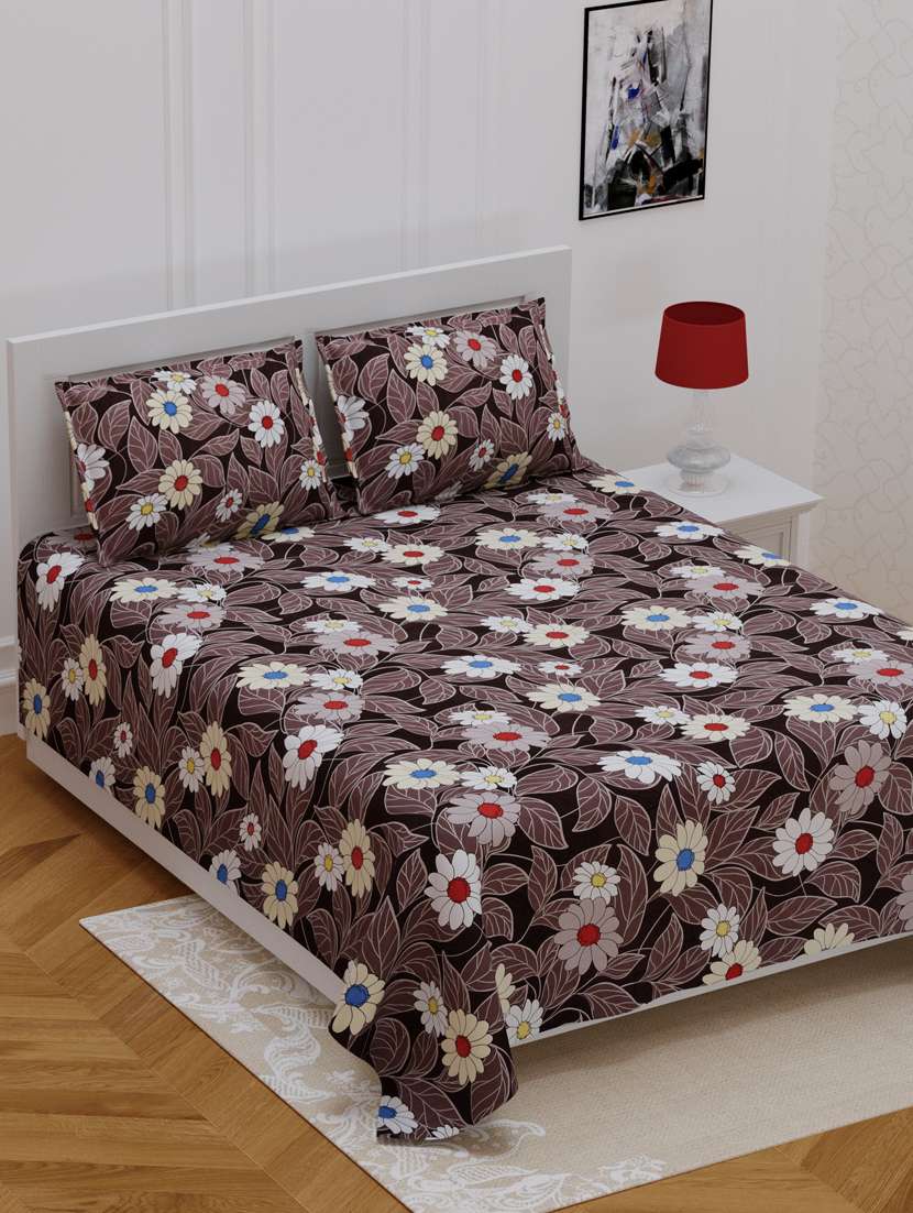 jaipurfabric bedsheet chocolate brown multi floral super soft double bedsheet