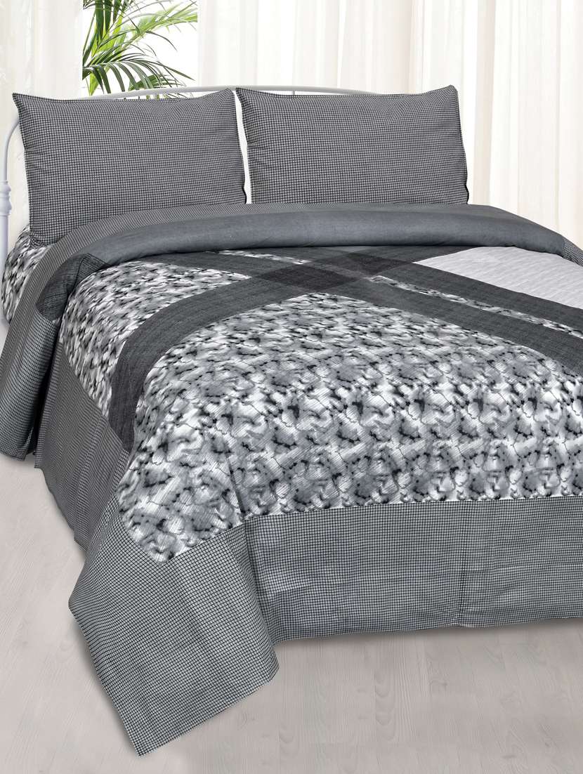 jaipurfabric bedsheet jaipur fabric grey multi design small checkered border cotton double bedsheet