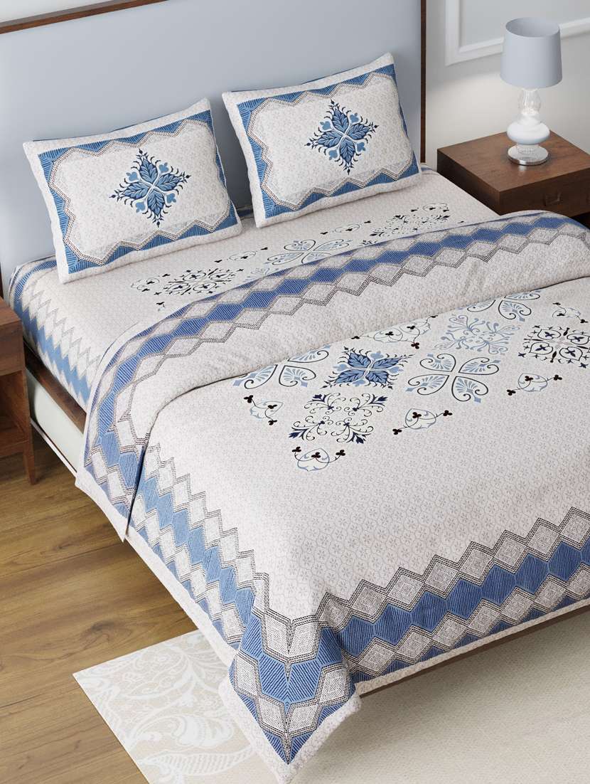 jaipurfabric bedsheet blue &amp;amp; grey ornate cotton jaipur double bedsheet