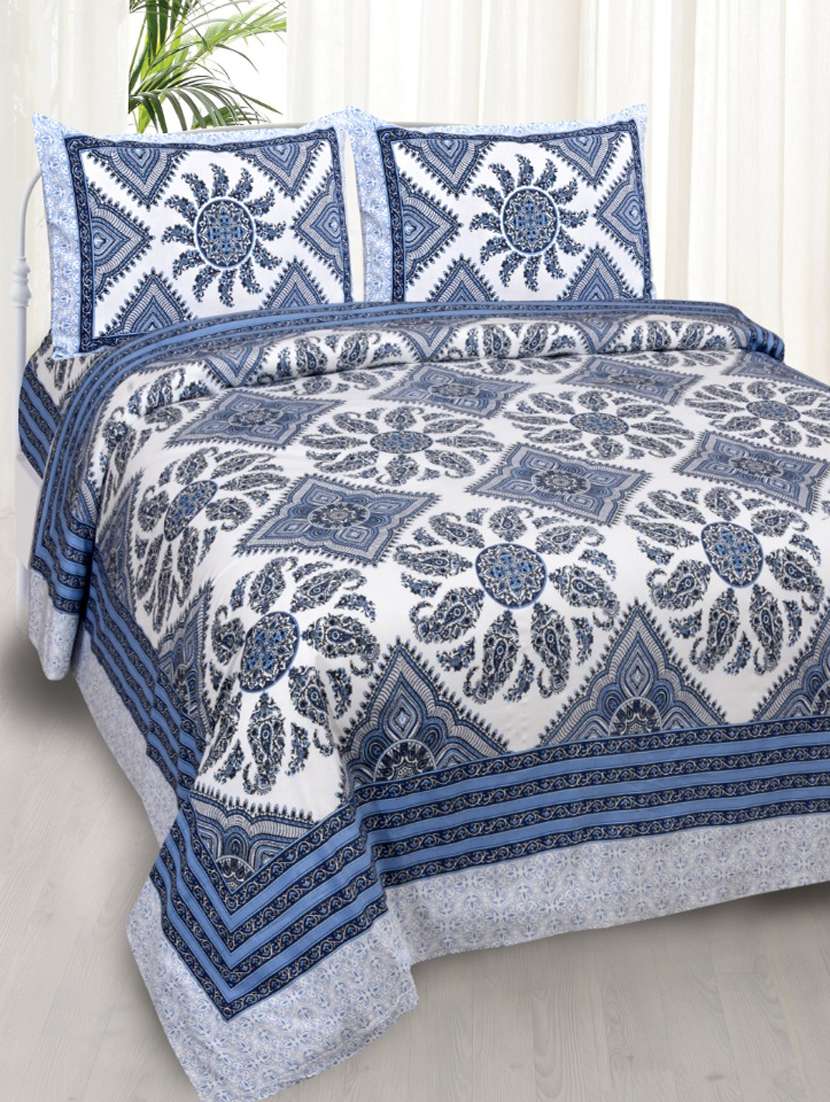 jaipurfabric bedsheet folk design blue double bedsheet