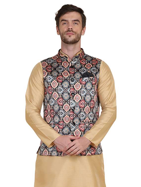 brown solid kurta pyjama with printed jacket
