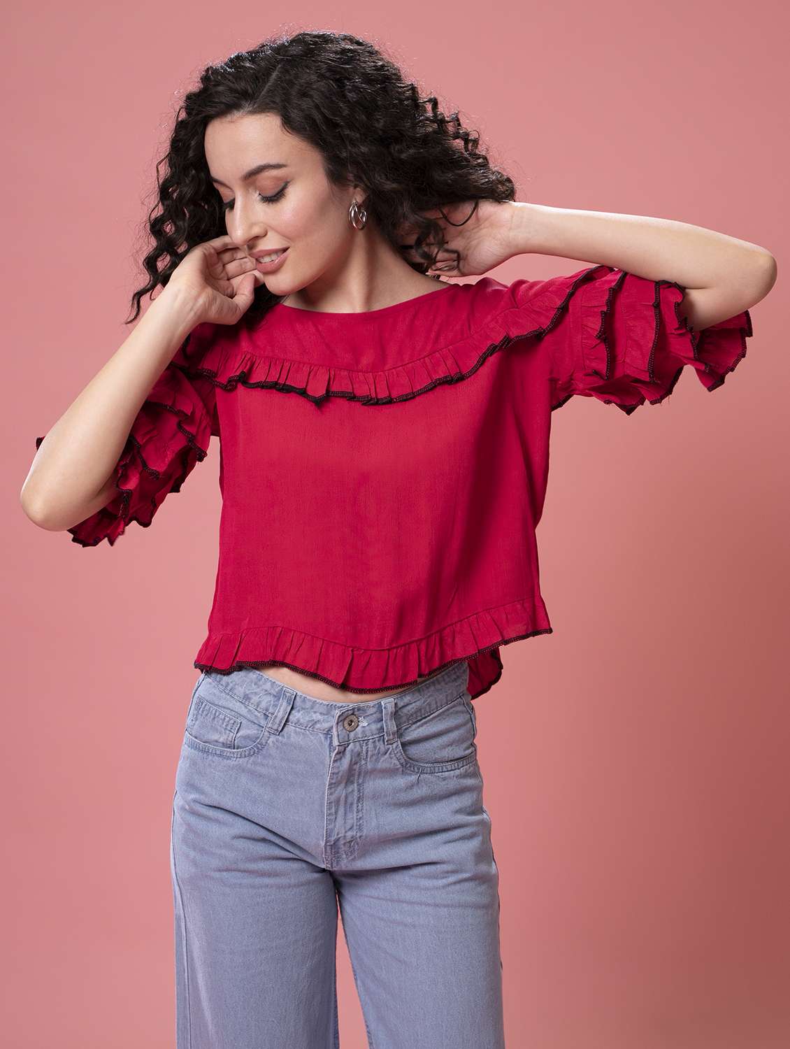 women's ruffle boat neck top