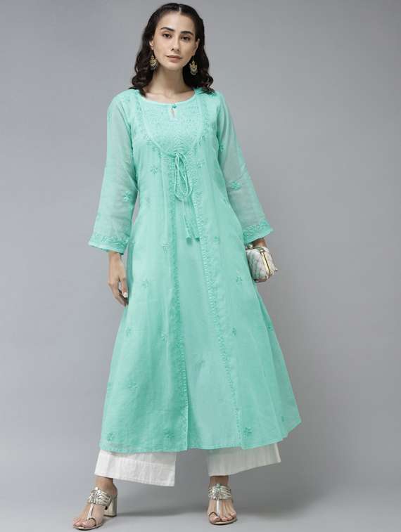 ada hand-embroidered sea green chikankari a-line kurta  - 17961248 -  Standard Image - 1