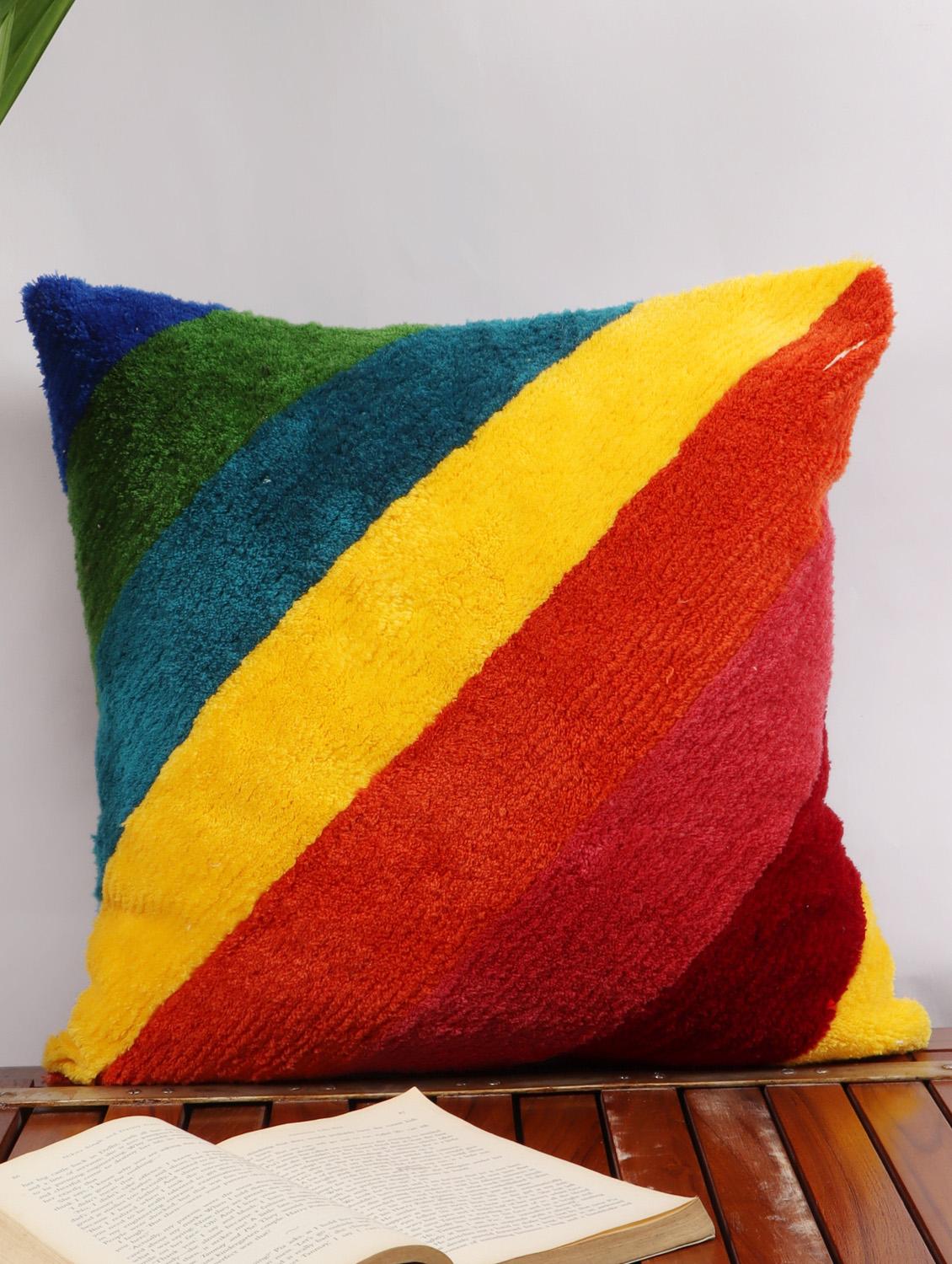 ambbi collections cotton tuftted multicolour stripe cushion cover 16 x 16 inches in cotton, set of 1 - 17961973 - Zoom Image - 0
