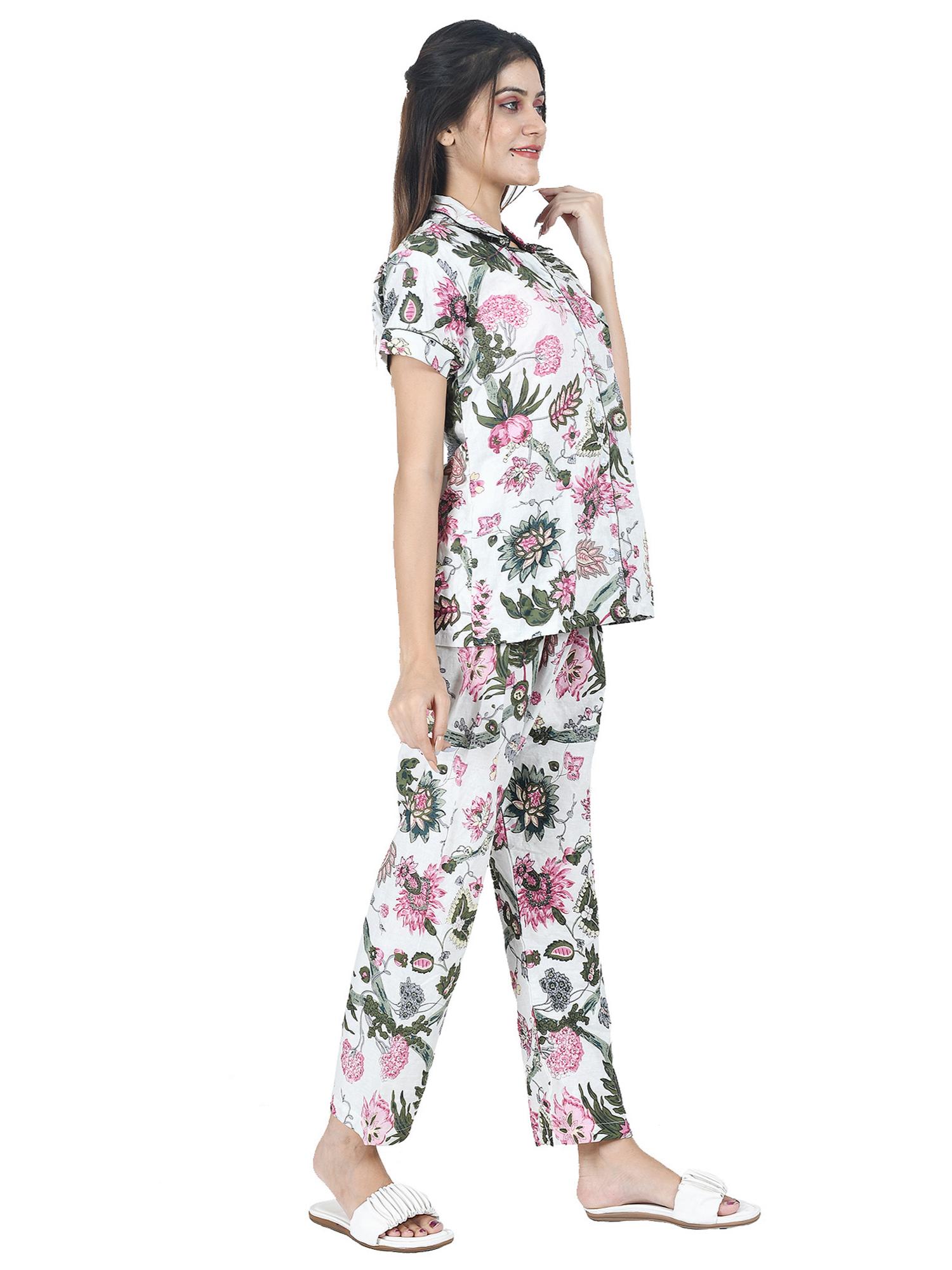 white cotton floral block printed nightwear set for women - 17962002 - Standard Image - 1