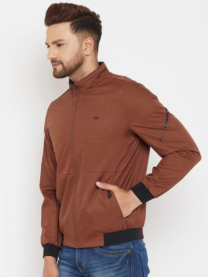 brown solid casual jacket - 17970422 -  Standard Image - 1