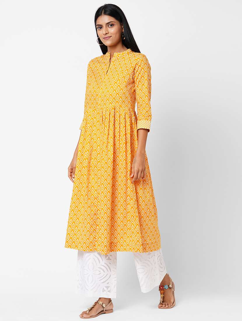yellow cotton flared kurta - 17971037 - Standard Image - 1