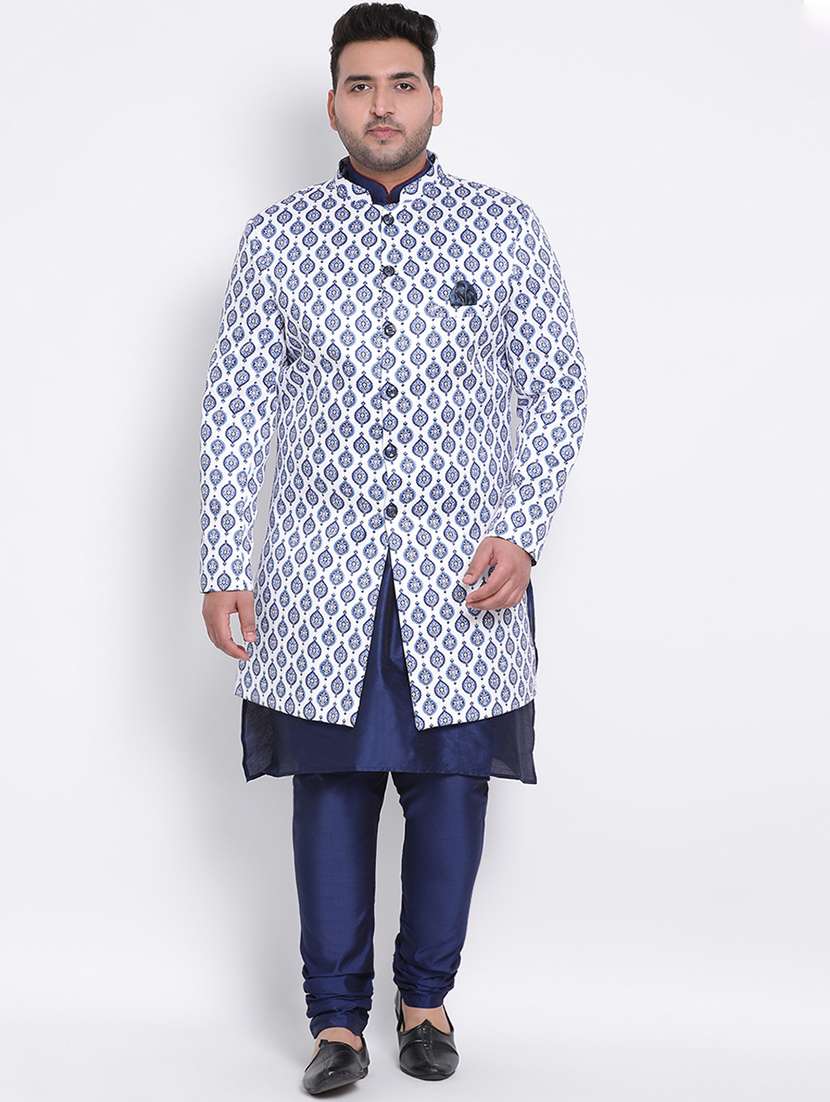 navy blue printed sherwani ethnic wear set