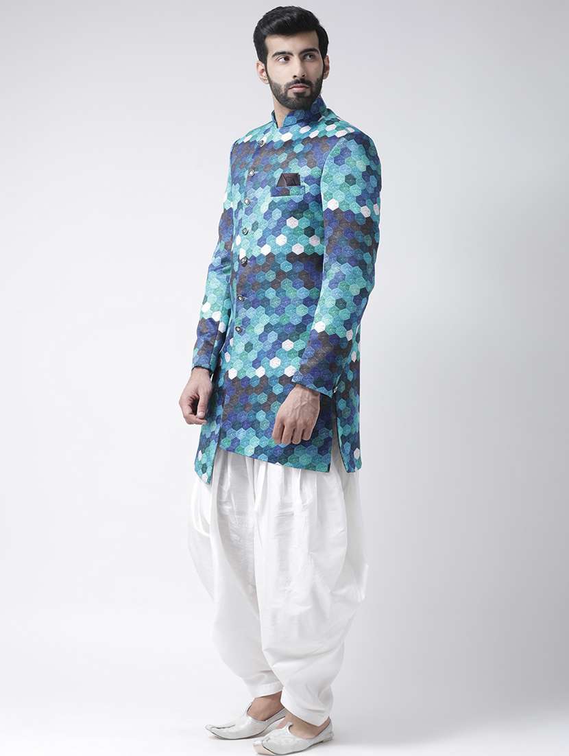 blue printed sherwani set - 17976381 - Standard Image - 1