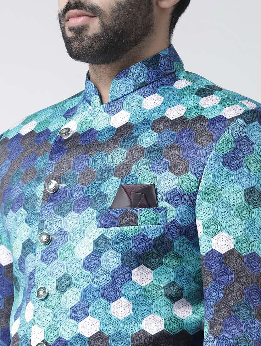 blue printed sherwani set - 17976381 - Standard Image - 4