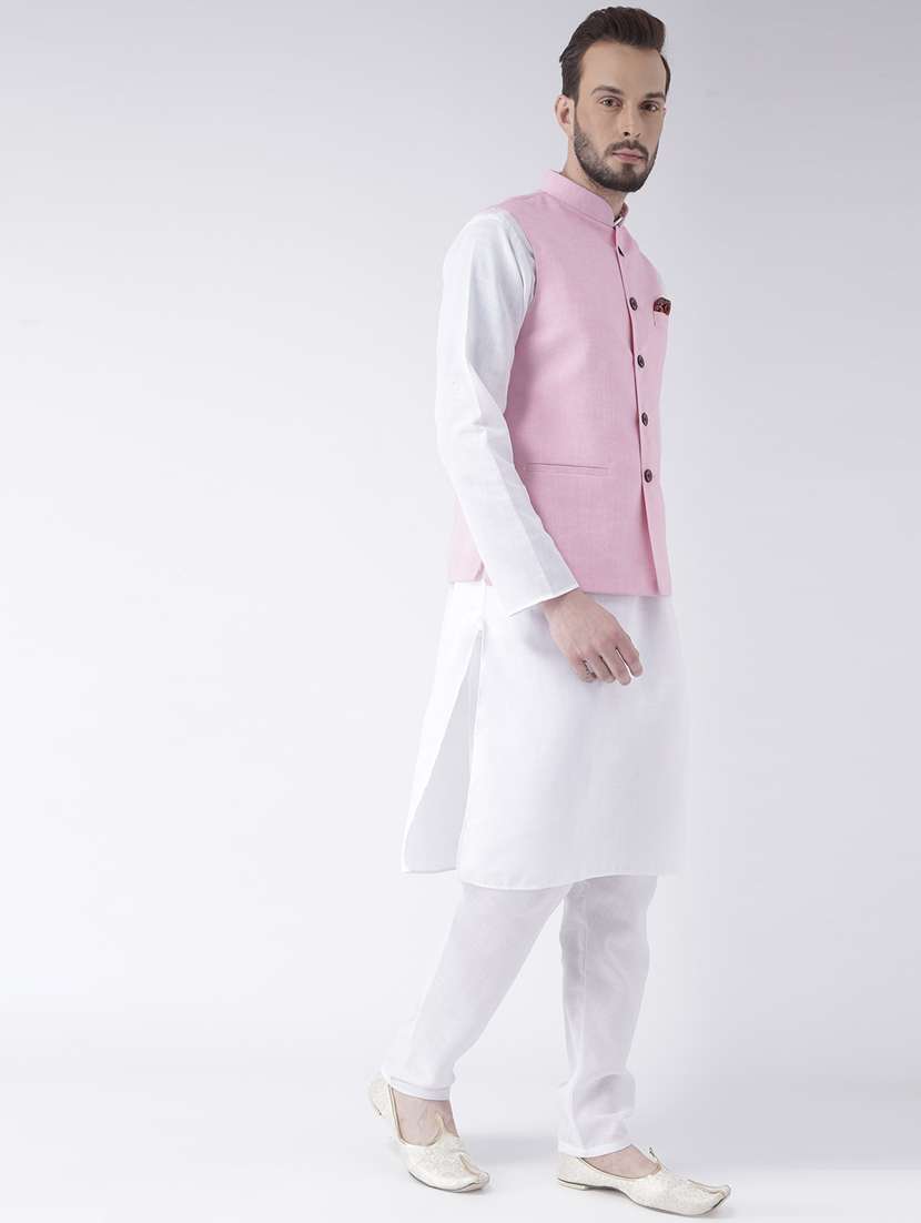 white solid kurta pyjama set with pink solid nehru jacket - 17976396 - Standard Image - 1