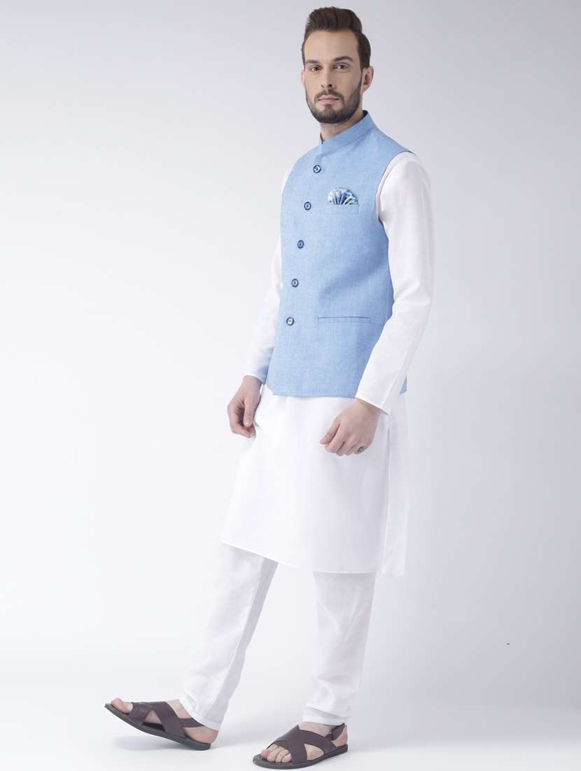white solid kurta pyjama set with blue solid nehru jacket  - 17976397 -  Standard Image - 1