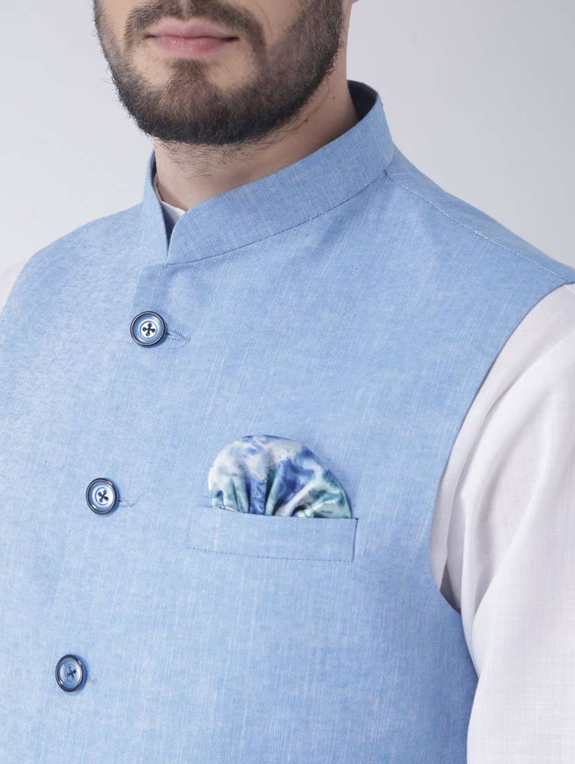 white solid kurta pyjama set with blue solid nehru jacket  - 17976397 -  Standard Image - 4