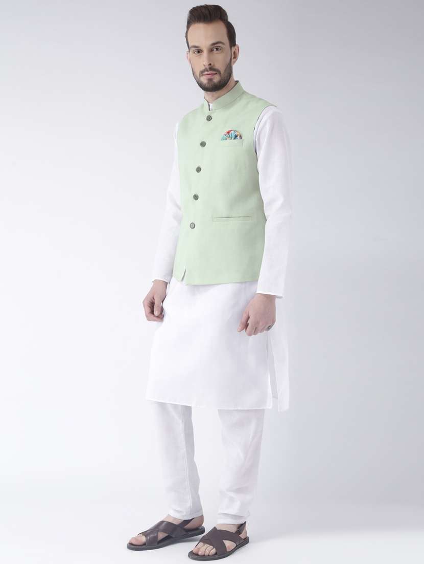 white solid kurta pyjama set with green solid nehru jacket  - 17976399 -  Standard Image - 1