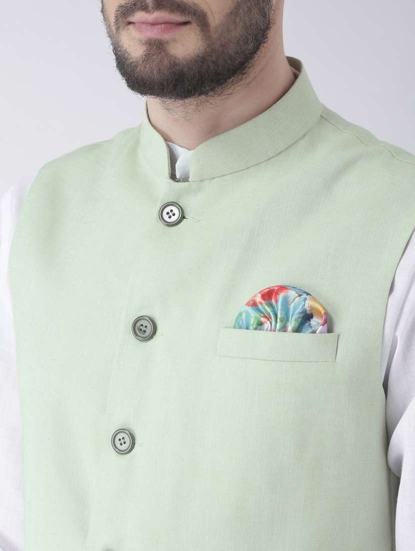 white solid kurta pyjama set with green solid nehru jacket  - 17976399 -  Standard Image - 4