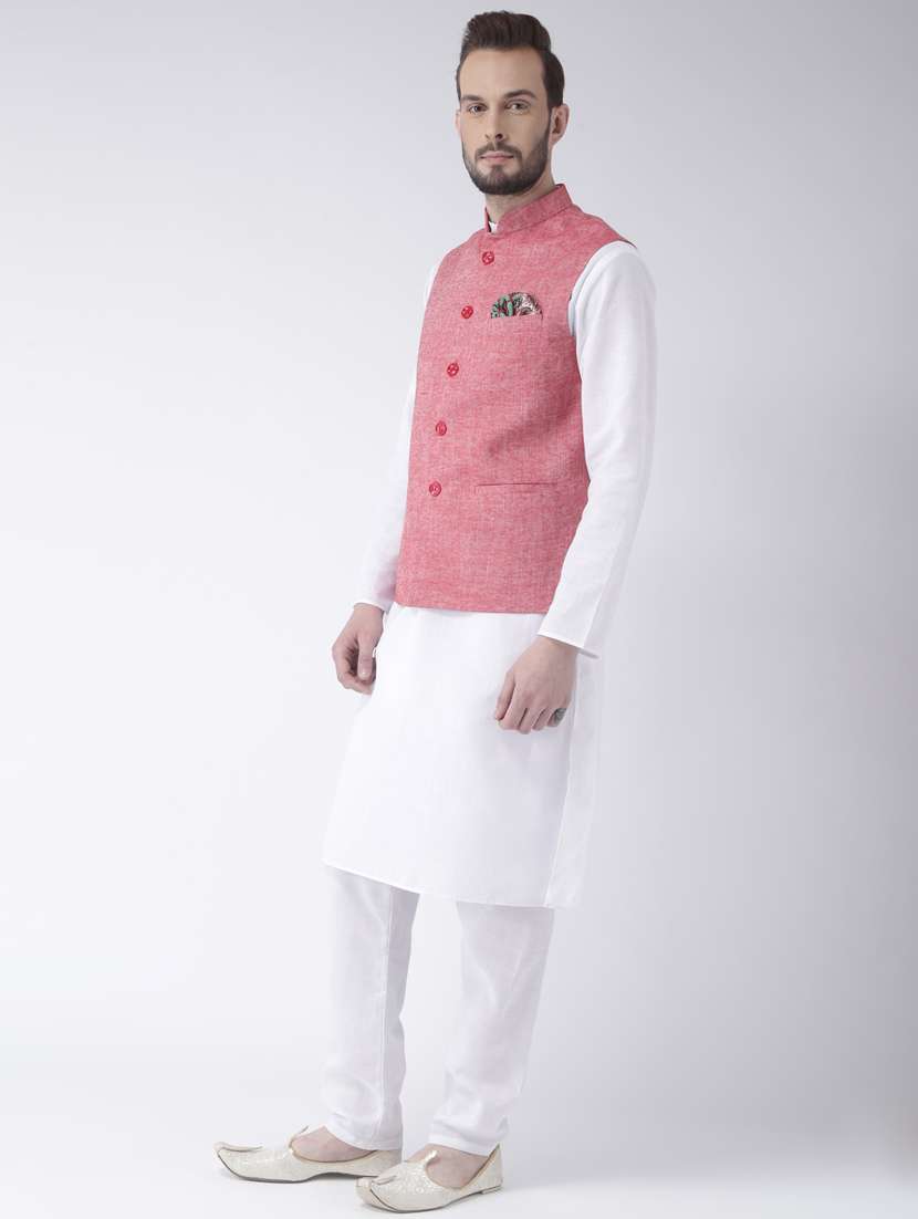 white solid kurta pyjama set with red solid nehru jacket  - 17976404 -  Standard Image - 1