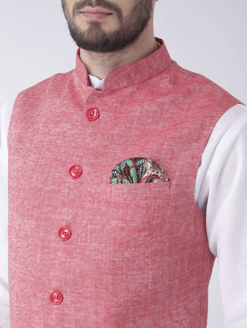 white solid kurta pyjama set with red solid nehru jacket  - 17976404 -  Standard Image - 4