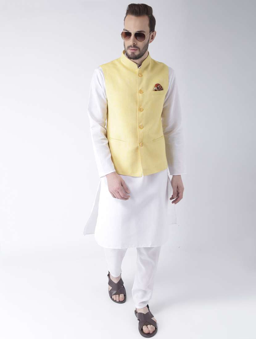 white solid kurta pyjama set with yellow solid nehru jacket 