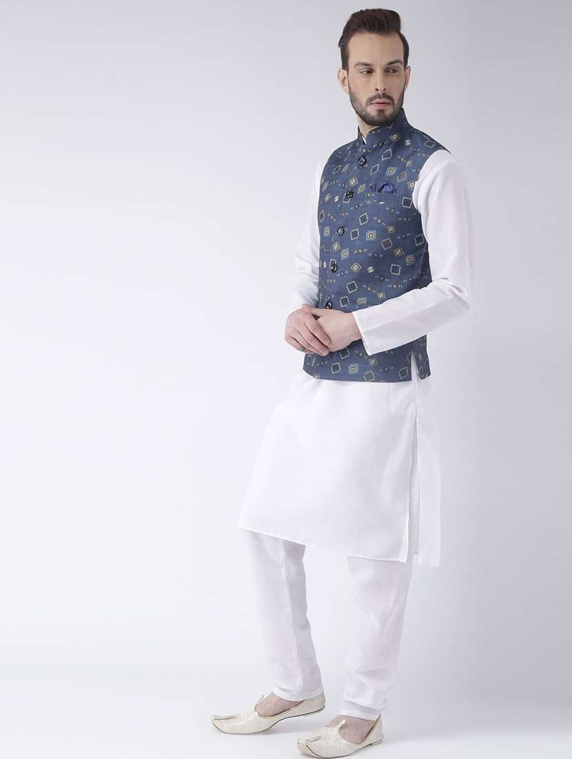white solid kurta pyjama set with blue printed nehru jacket  - 17976407 -  Standard Image - 1